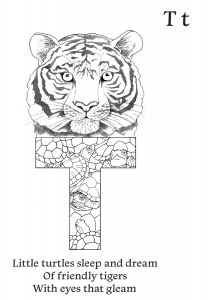 T is for Tiger and Turtles in coloring book
