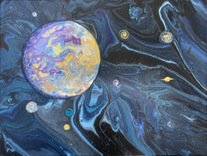 cosmic poured acrylic of an unknown planet by Lucy Arnold