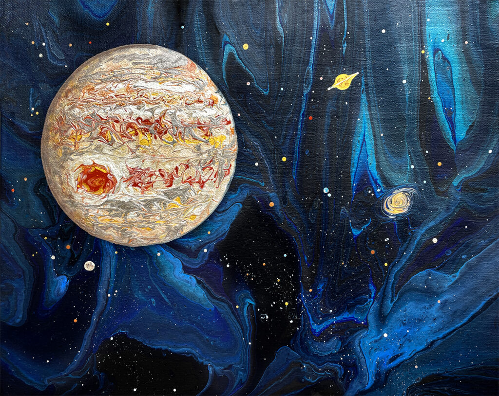 Gas Giant Jupiter planet poured acrylic by Lucy Arnold