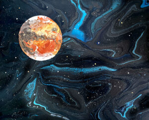 Red planet Mars poured acrylic by Lucy Arnold